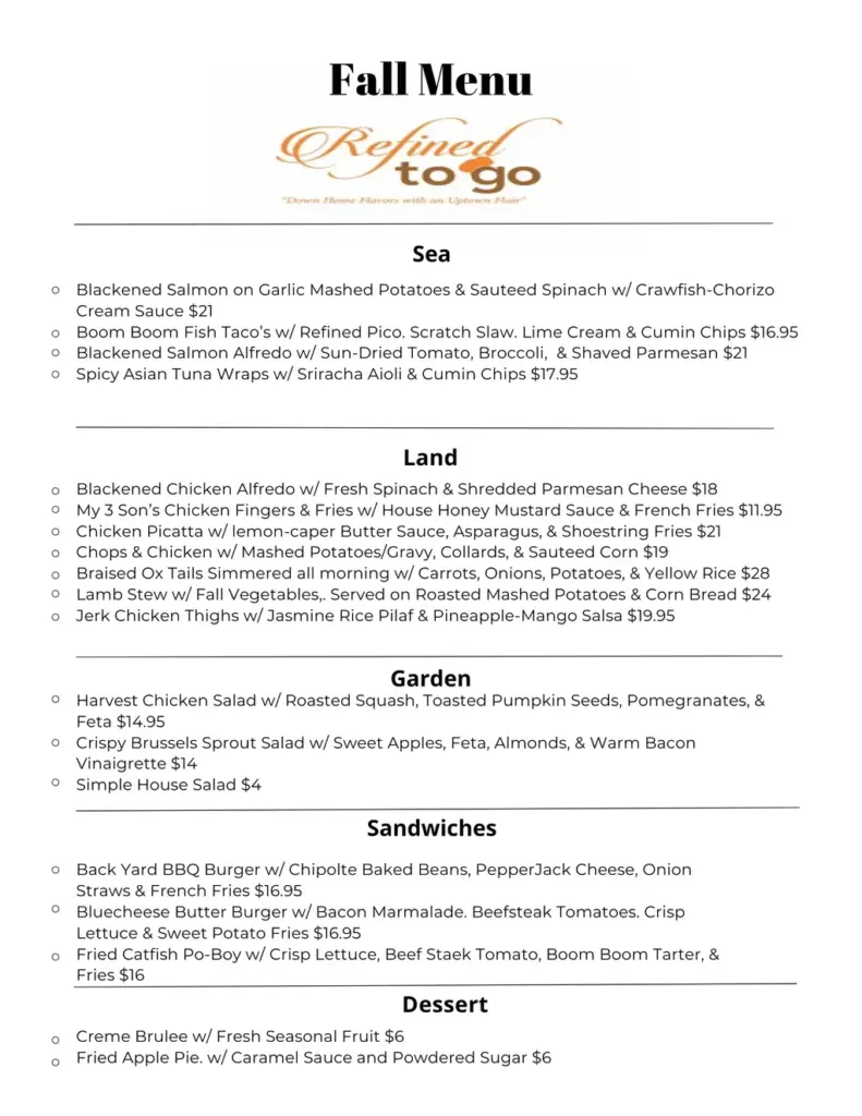 Menu for Refined to go